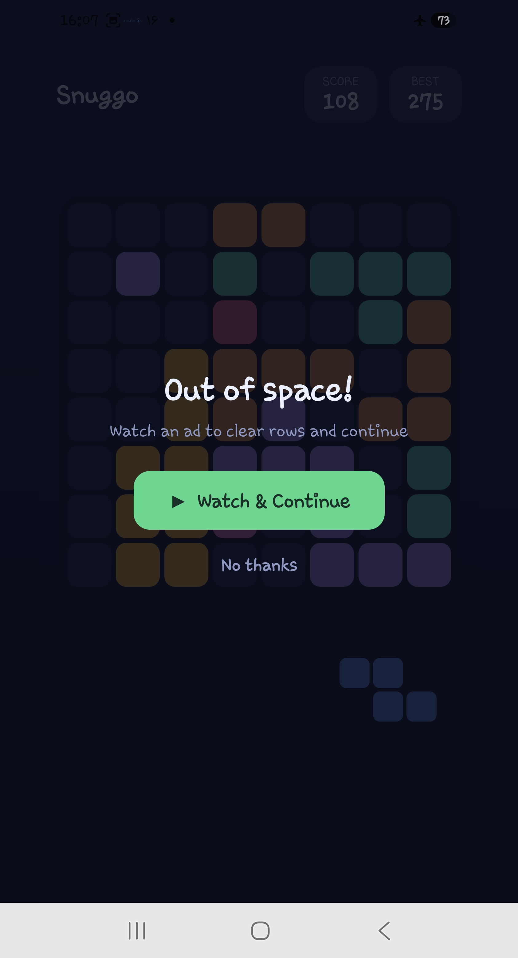 The out of space screen with a continue option